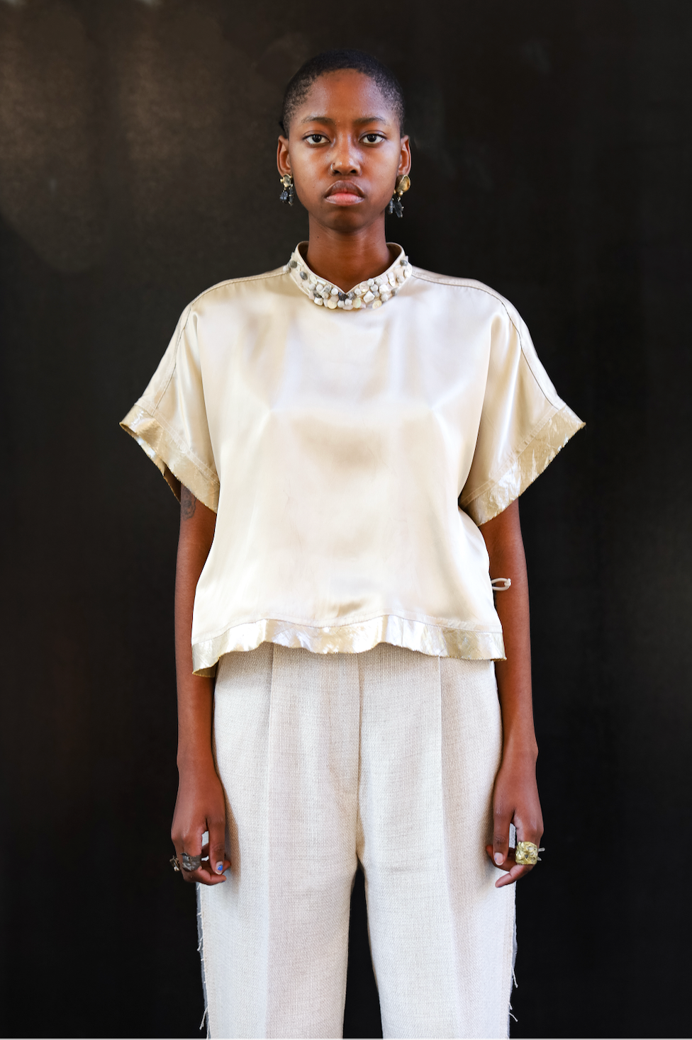 Champagne Qipao Top in Reclaimed Acetate Satin with Beaded Collar