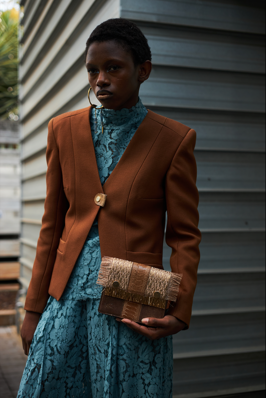 Burnt Sienna V-Jacket in wool silk