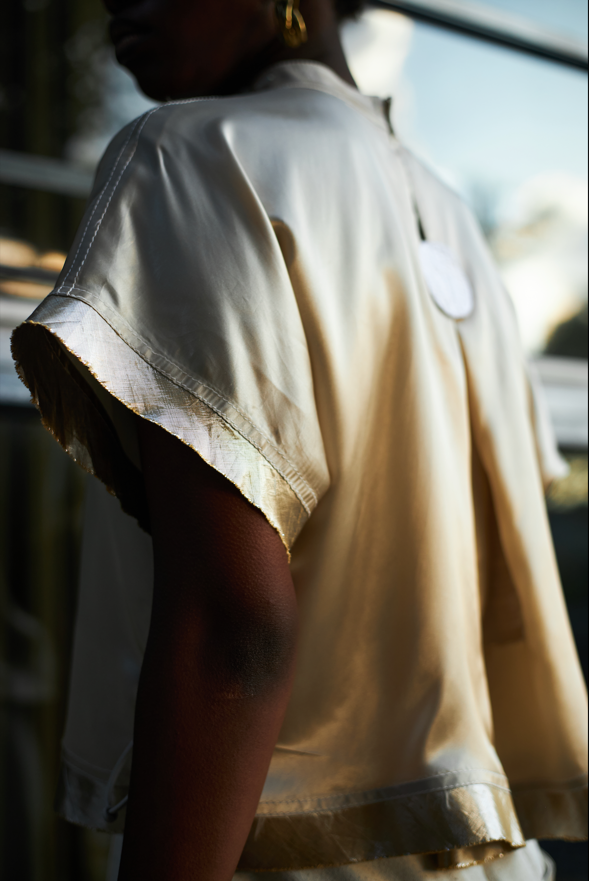 Champagne Qipao Top in Reclaimed Acetate Satin with Beaded Collar