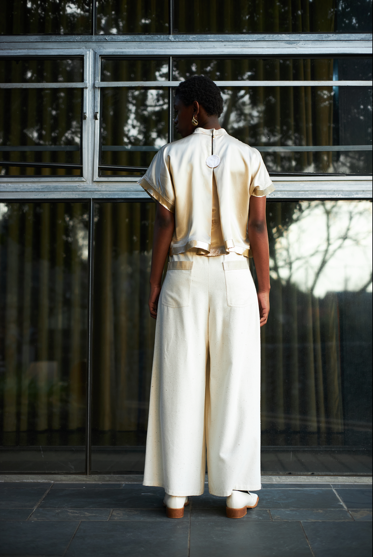 Champagne Qipao Top in Reclaimed Acetate Satin with Beaded Collar