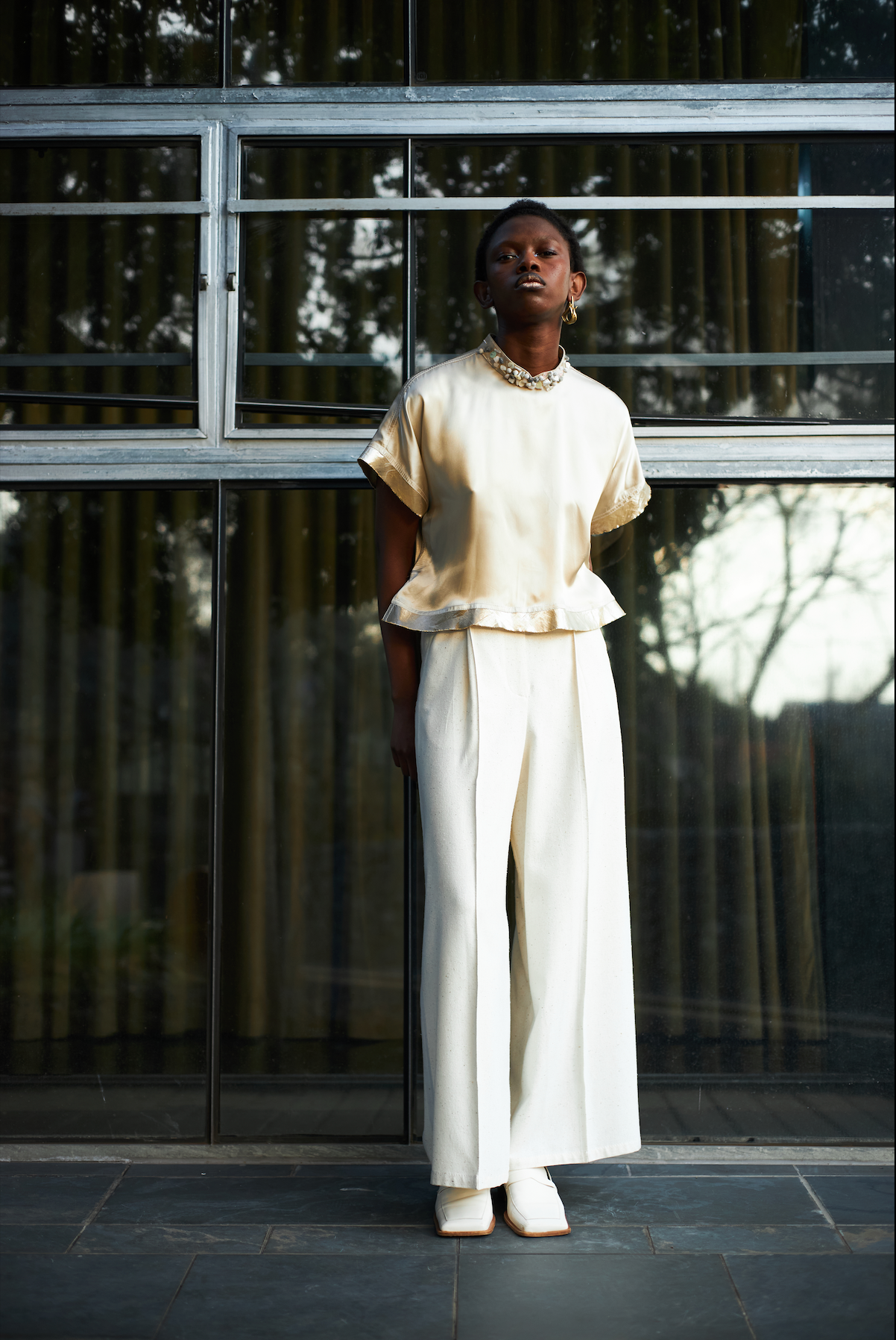Champagne Qipao Top in Reclaimed Acetate Satin with Beaded Collar