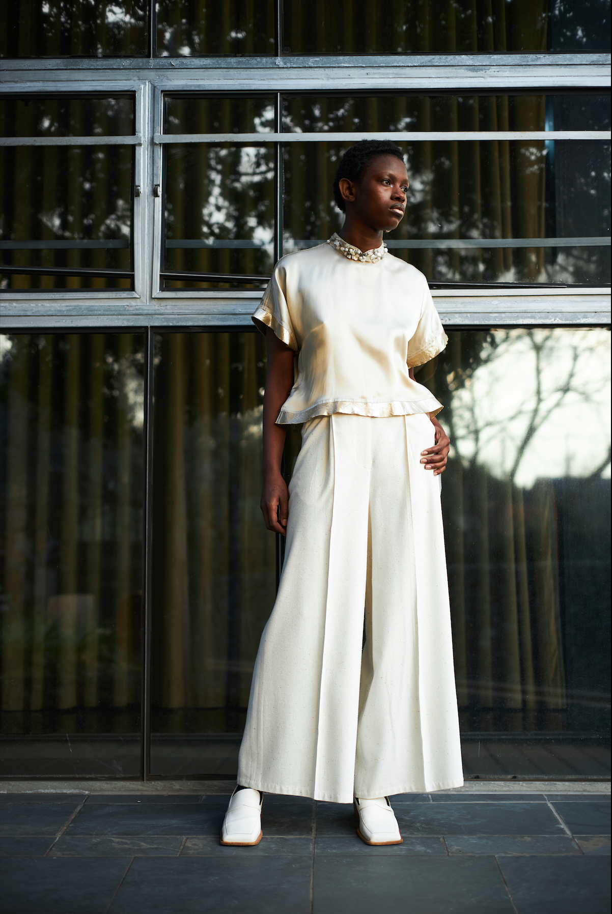 Champagne Qipao Top in Reclaimed Acetate Satin with Beaded Collar