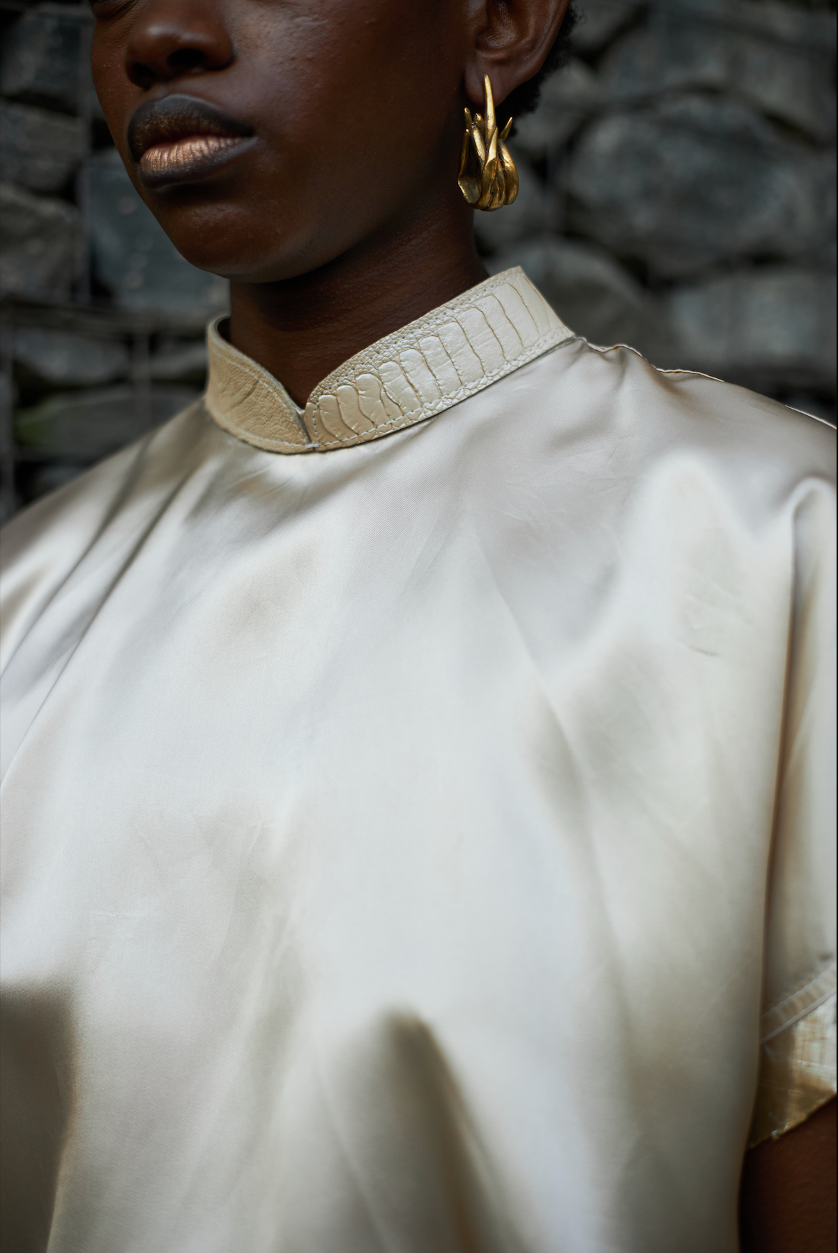Champagne Qipao Top in Reclaimed Acetate Satin with Ostrich Shin Collar
