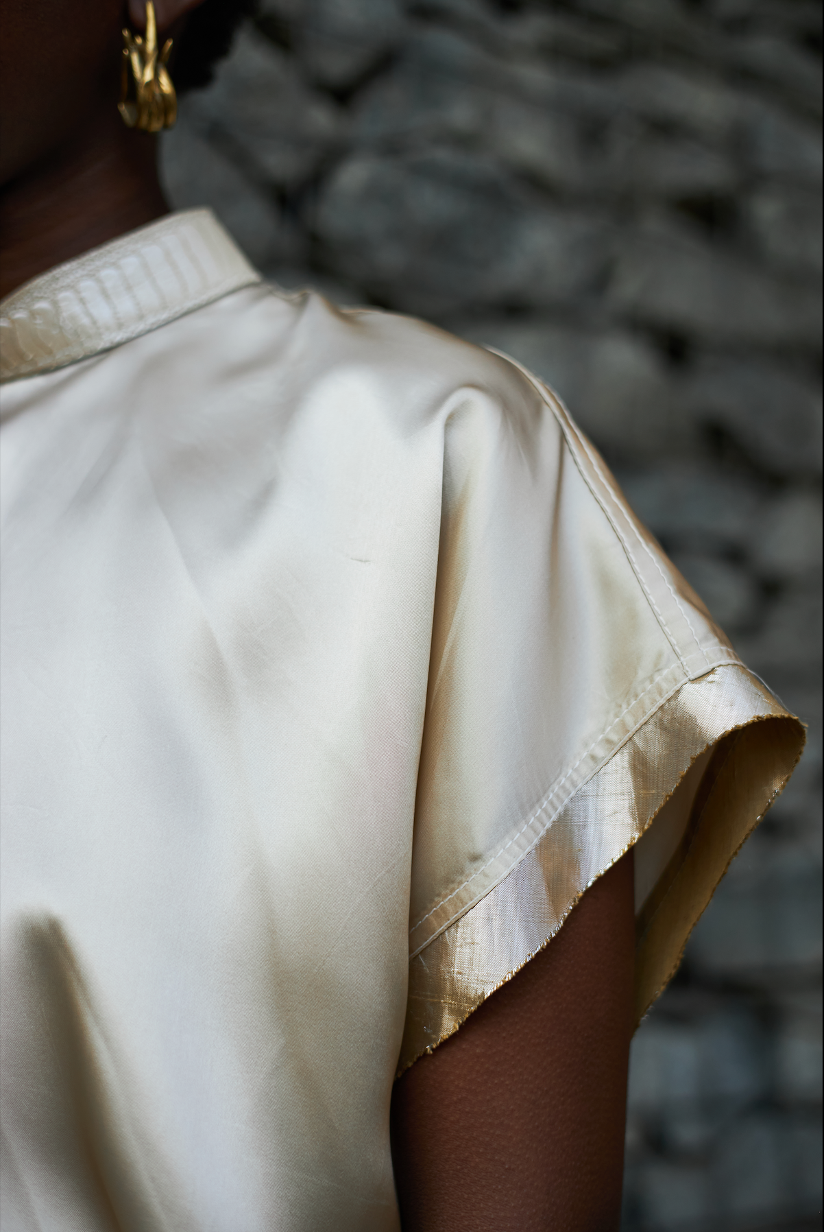 Champagne Qipao Top in Reclaimed Acetate Satin with Ostrich Shin Collar
