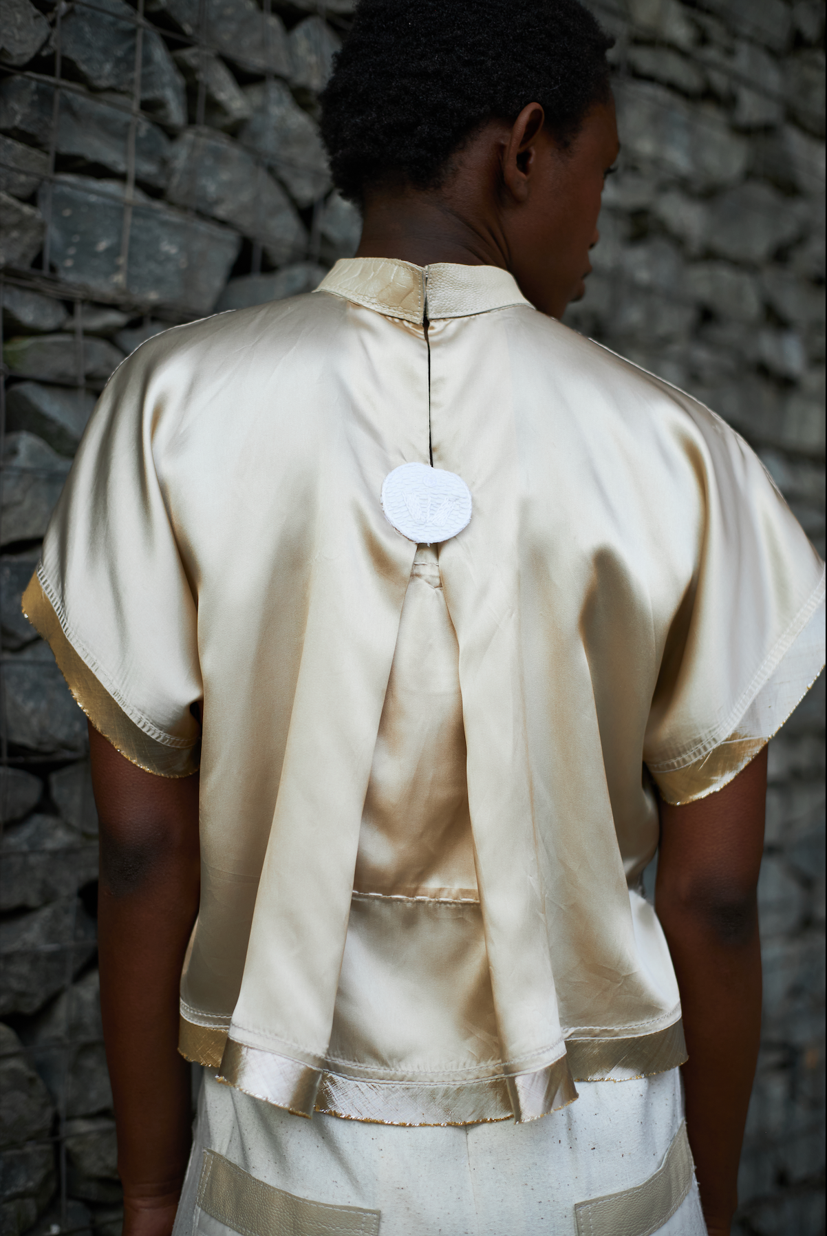 Champagne Qipao Top in Reclaimed Acetate Satin with Ostrich Shin Collar