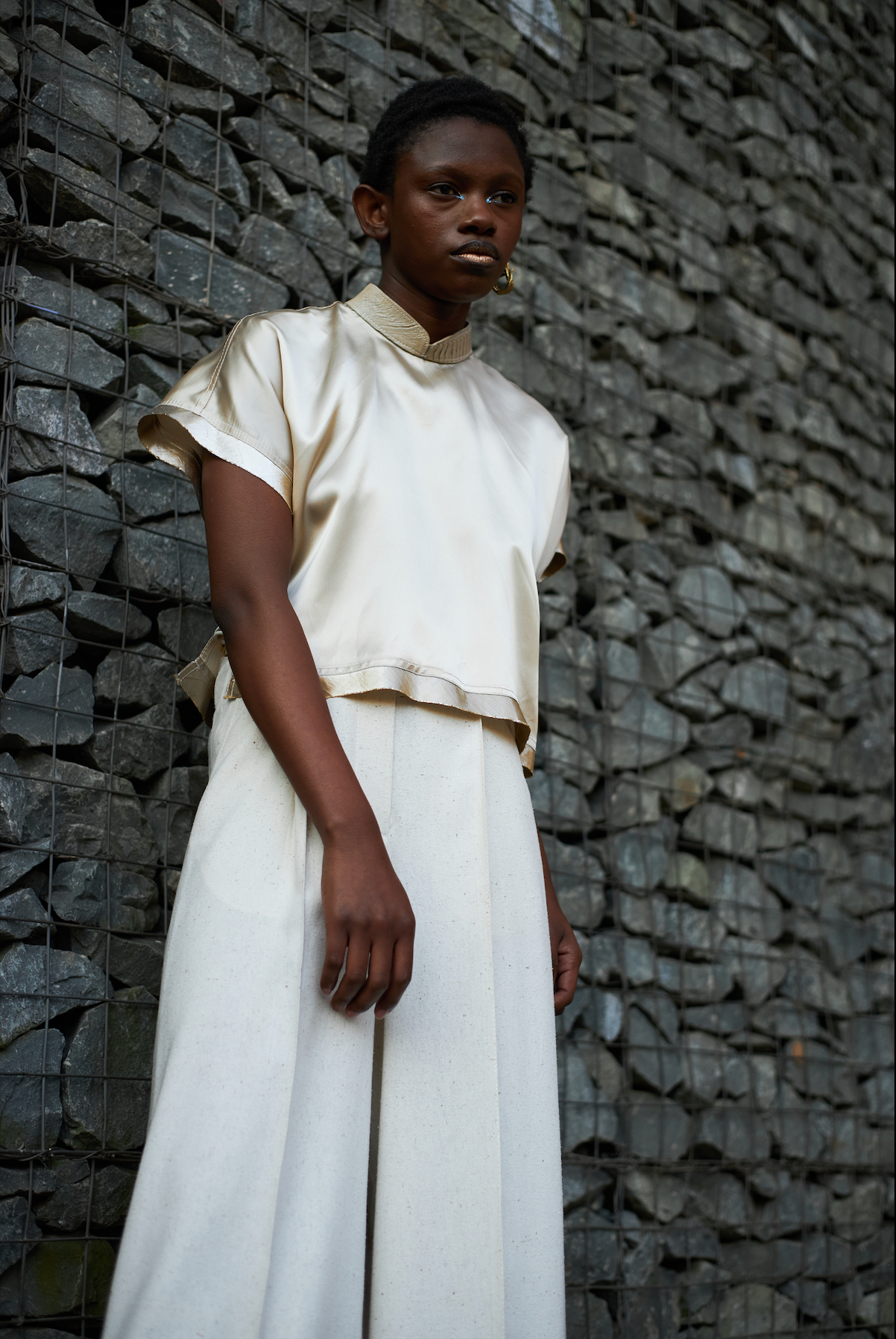 Champagne Qipao Top in Reclaimed Acetate Satin with Ostrich Shin Collar