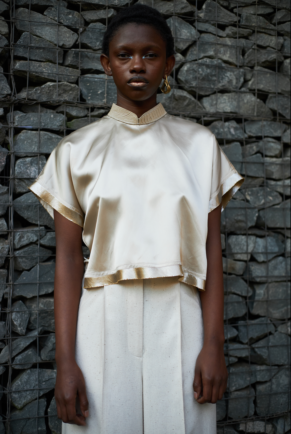 Champagne Qipao Top in Reclaimed Acetate Satin with Ostrich Shin Collar