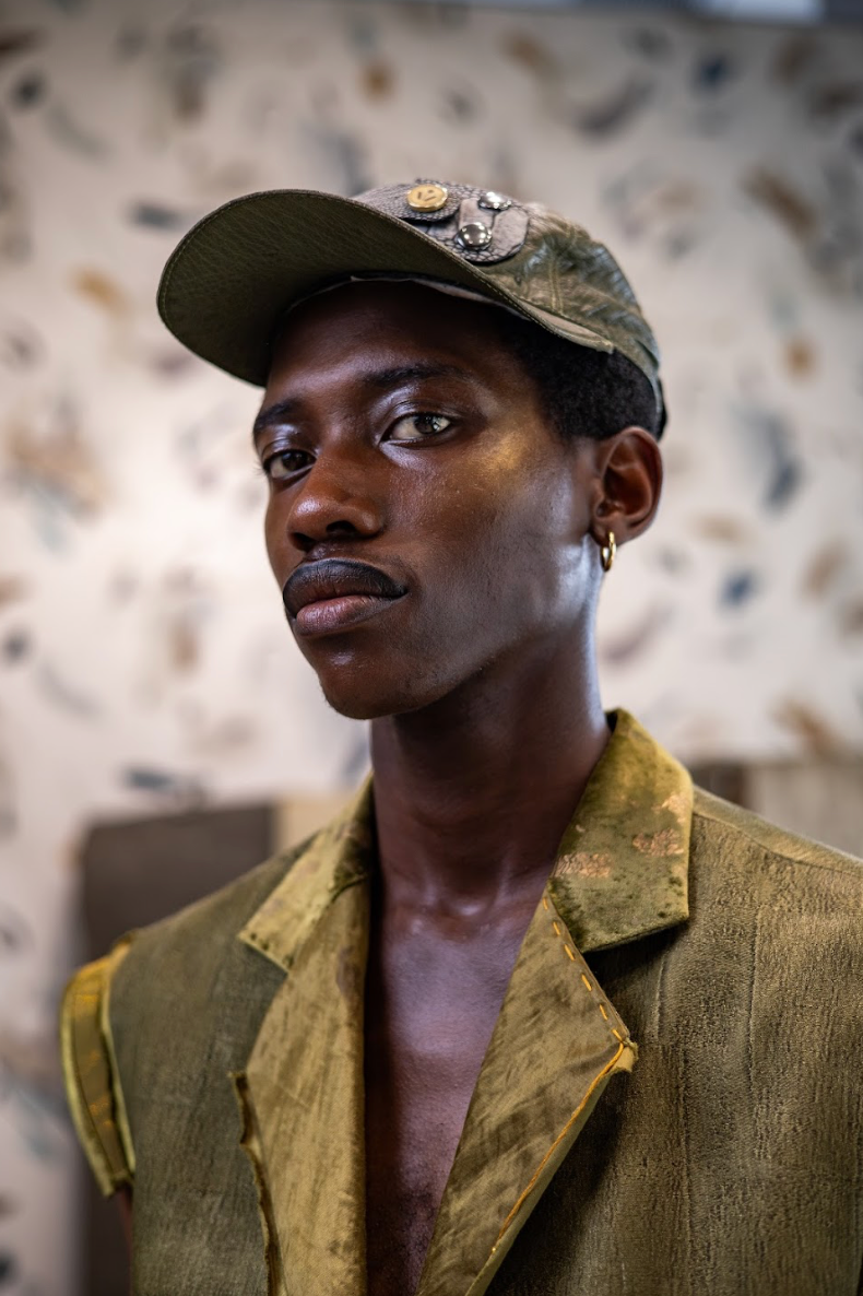 Moldavite Green Ostrich Leather Cap with Ostrich Shin Tabs