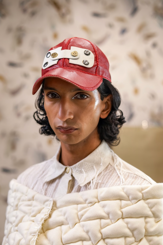 Red Deadstock Leather Artisanal Studded Cap