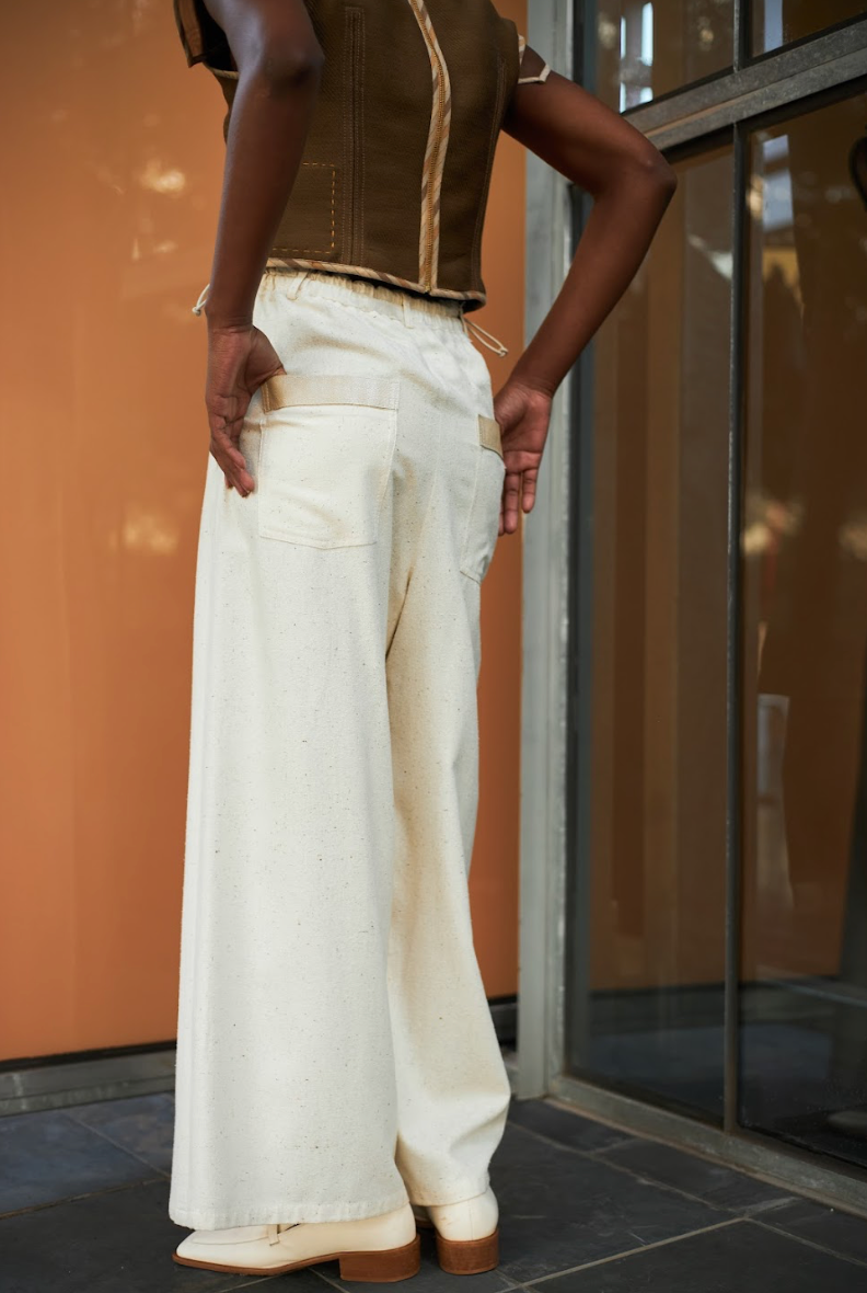 Ecru Reclaimed Raw Rough Silk Trapeze Pants with Ostrich Shin details