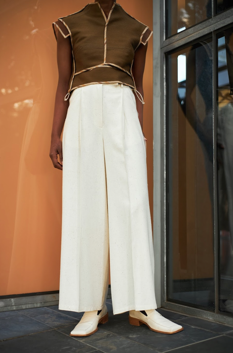 Ecru Reclaimed Raw Rough Silk Trapeze Pants with Ostrich Shin details