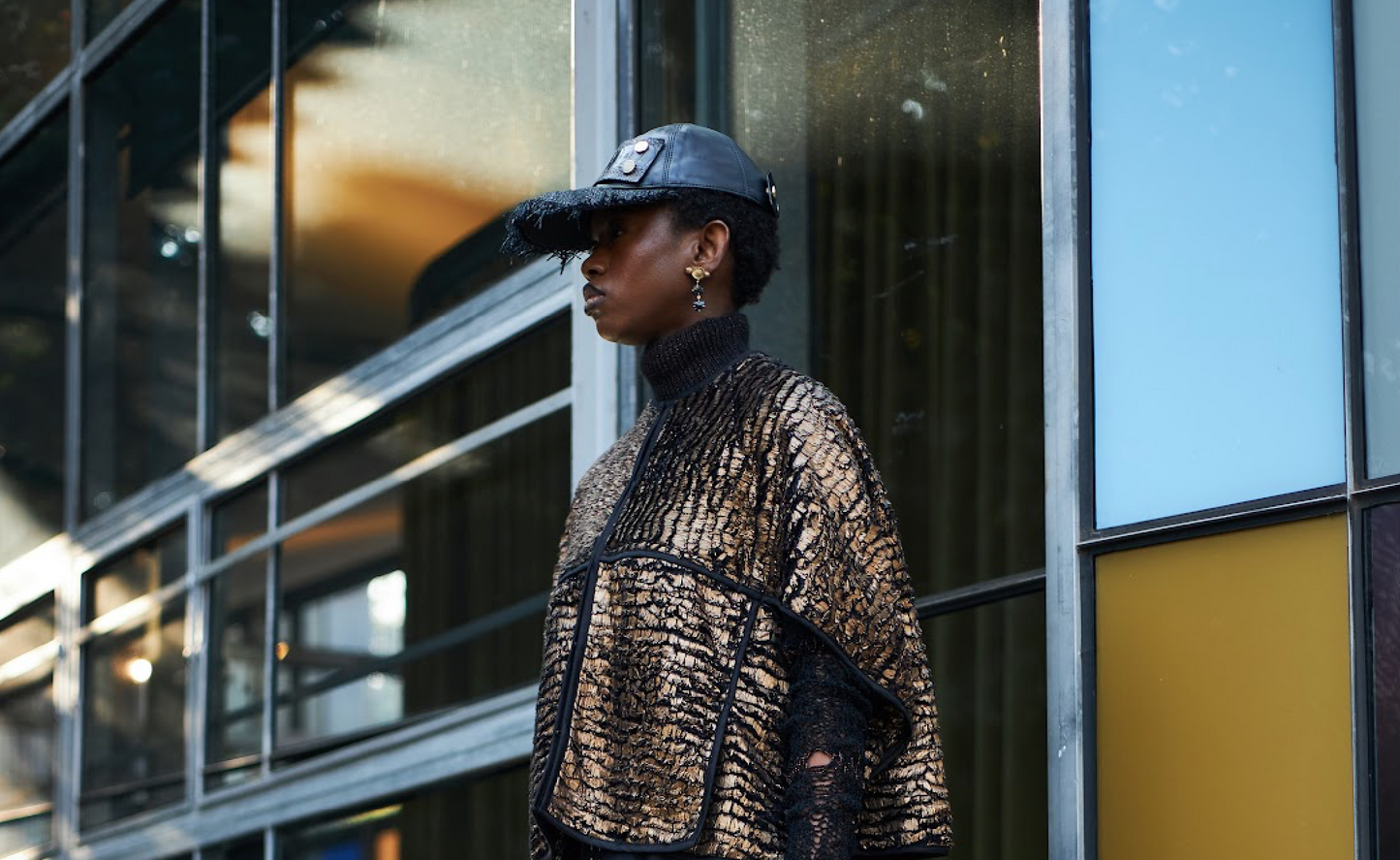 Black Napa Leather and Black Vintage Raffia Cap