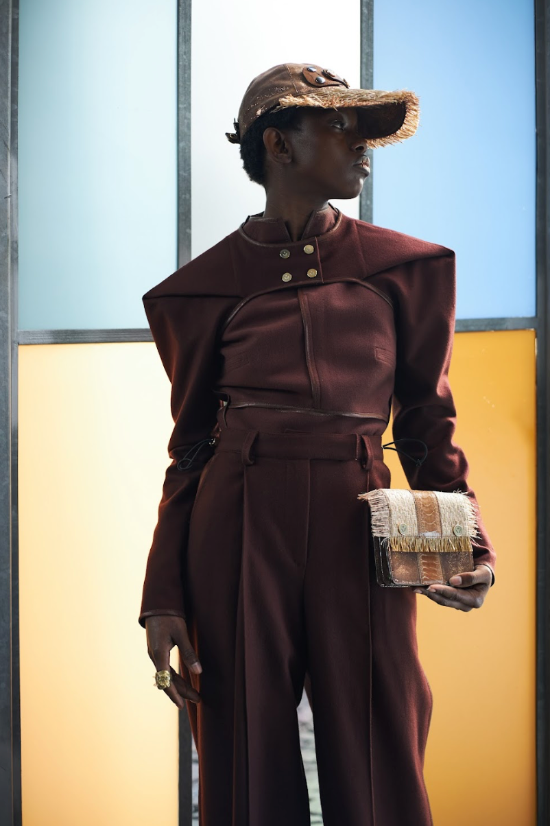 Brown Shimmer Leather and Raffia Cap with Ostrich Shin Tabs