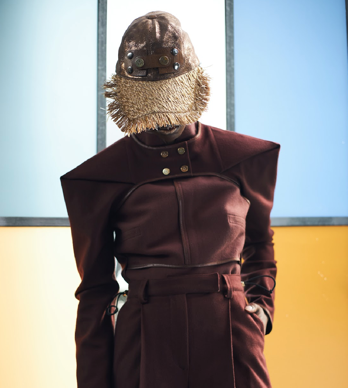 Brown Shimmer Leather and Raffia Cap with Ostrich Shin Tabs