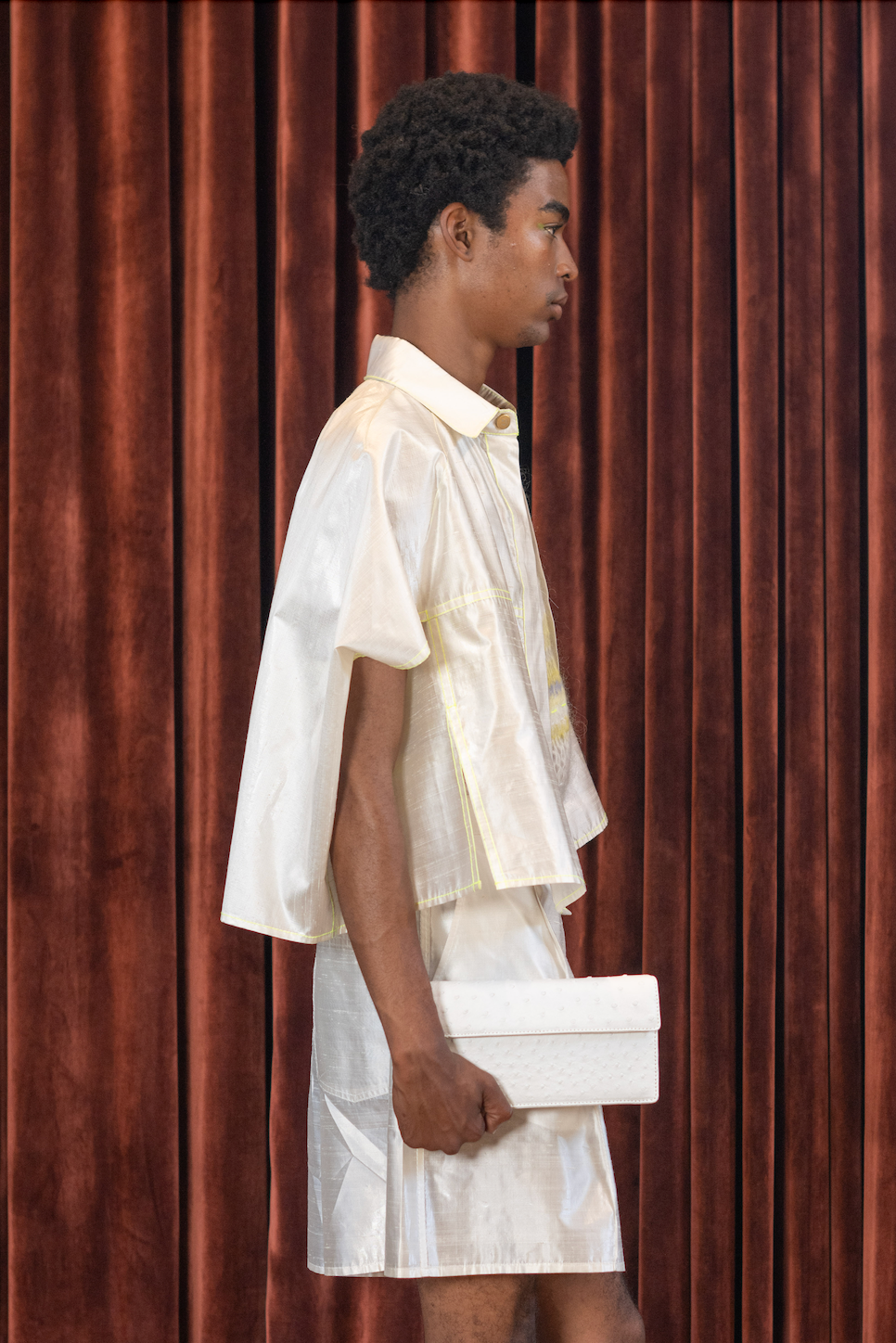 Vintage Reclaimed Off White Silk Lamé Cropped Cocoon Shirt with Lumo Stitching