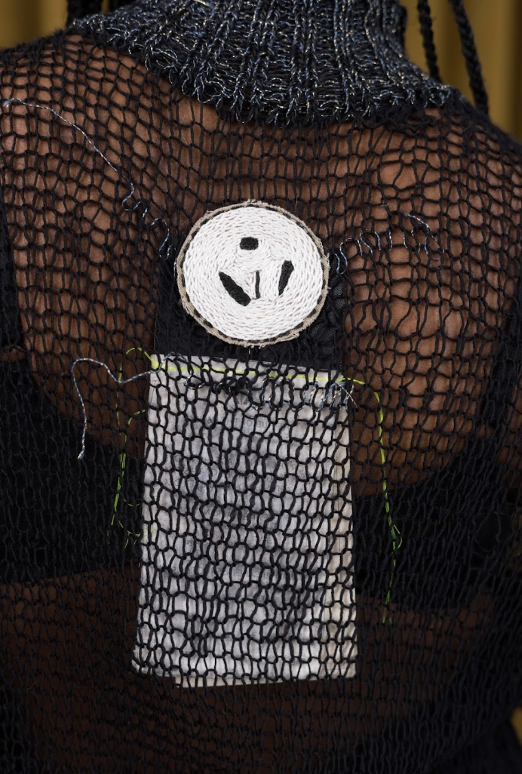 Black and Grey Artisanal Wool Knitted Turtleneck Top