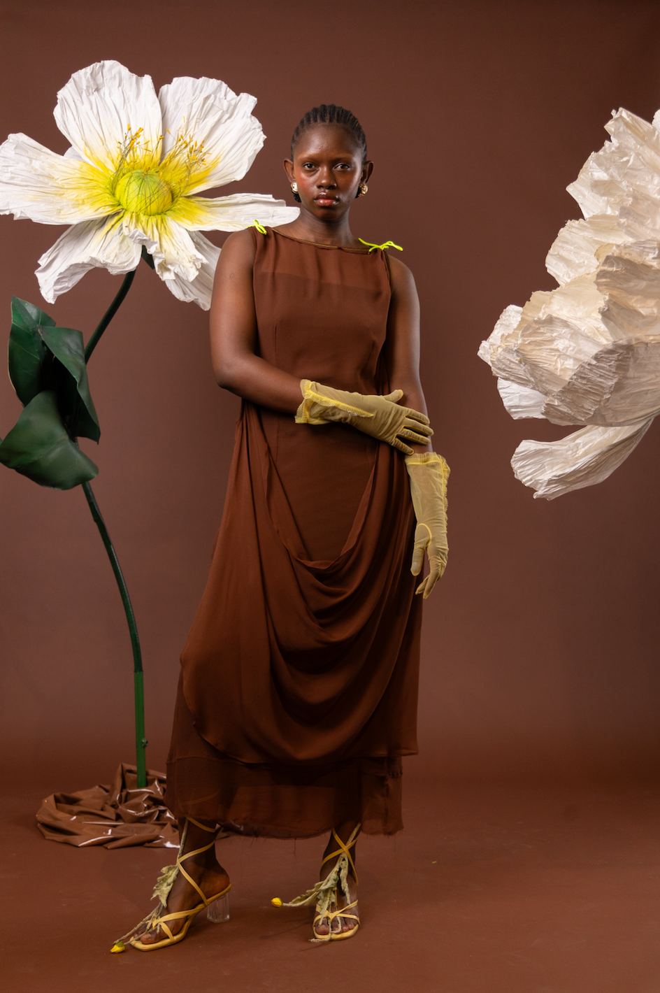 Chocolate Orchid Drape Silk Dress in 100% Silk Georgette