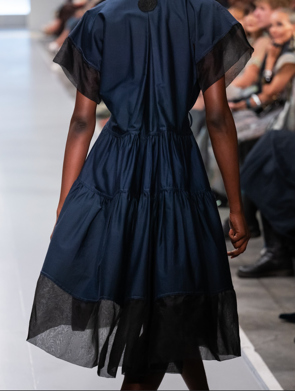 Navy Egyptian Cotton Collared Mini Utility Dress with Black Silk Organza Sleeves