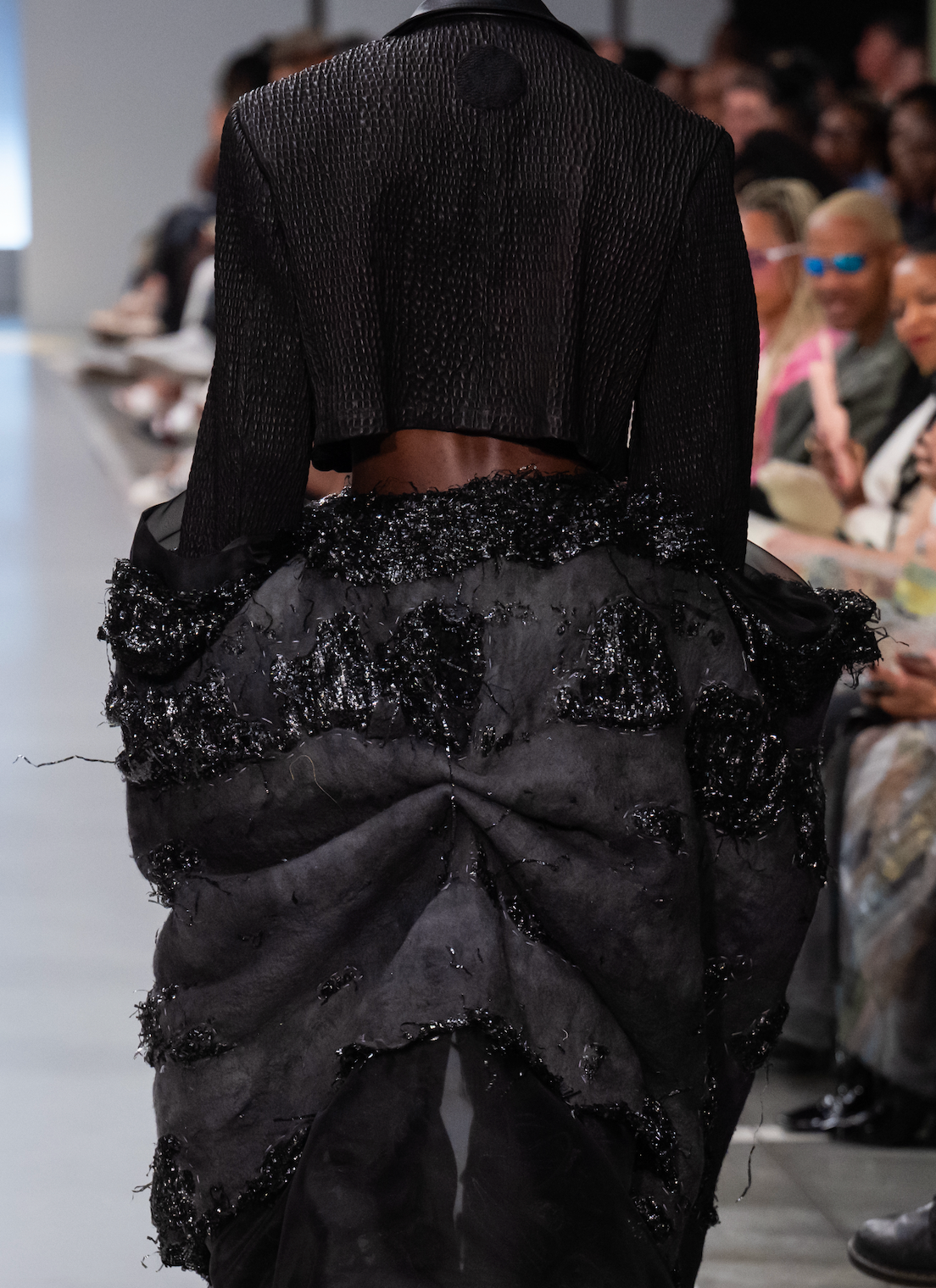 Black Wool Felted Silk Organza with Synthetic Deadstock Raffia Skirt
