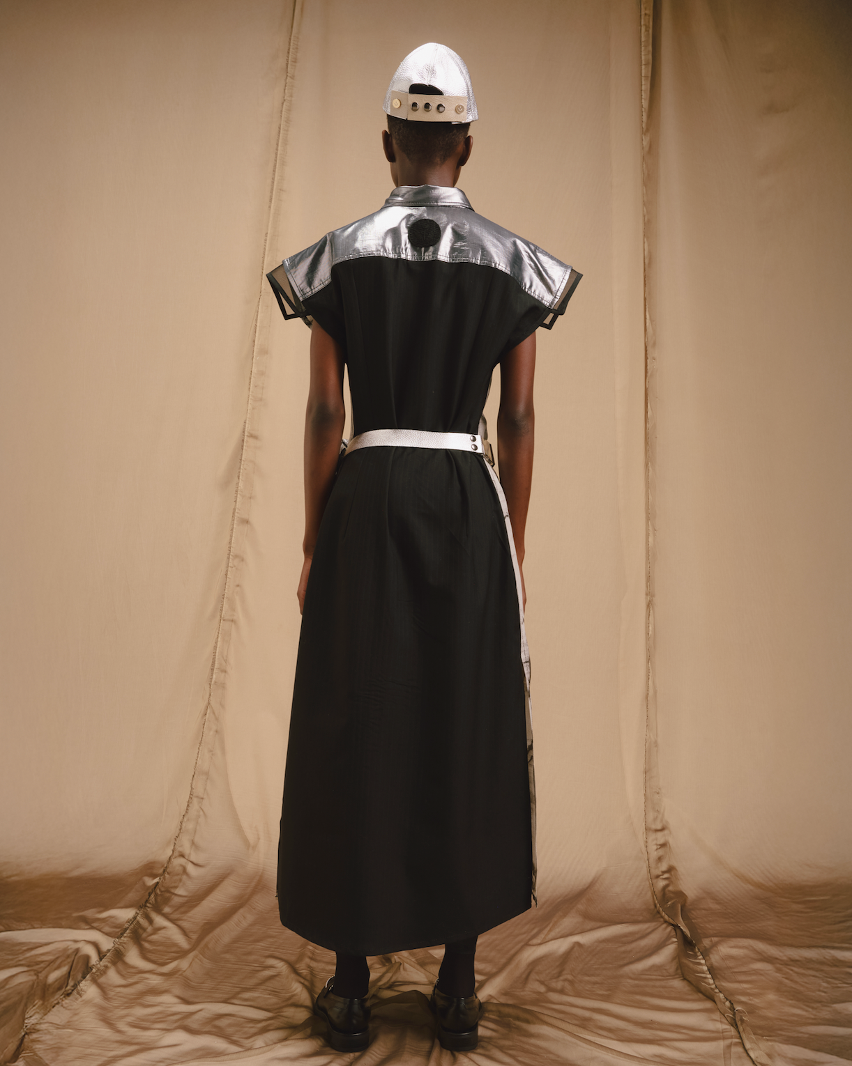 Suminigashi Silver Stripe Nylon Lamé Sculpted Sleeveless Pintuck Dress