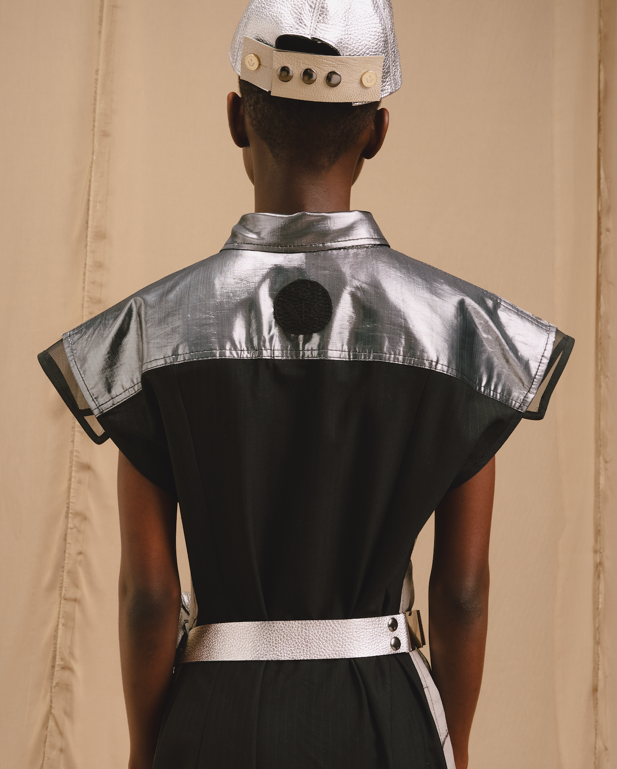 Suminigashi Silver Stripe Nylon Lamé Sculpted Sleeveless Pintuck Dress