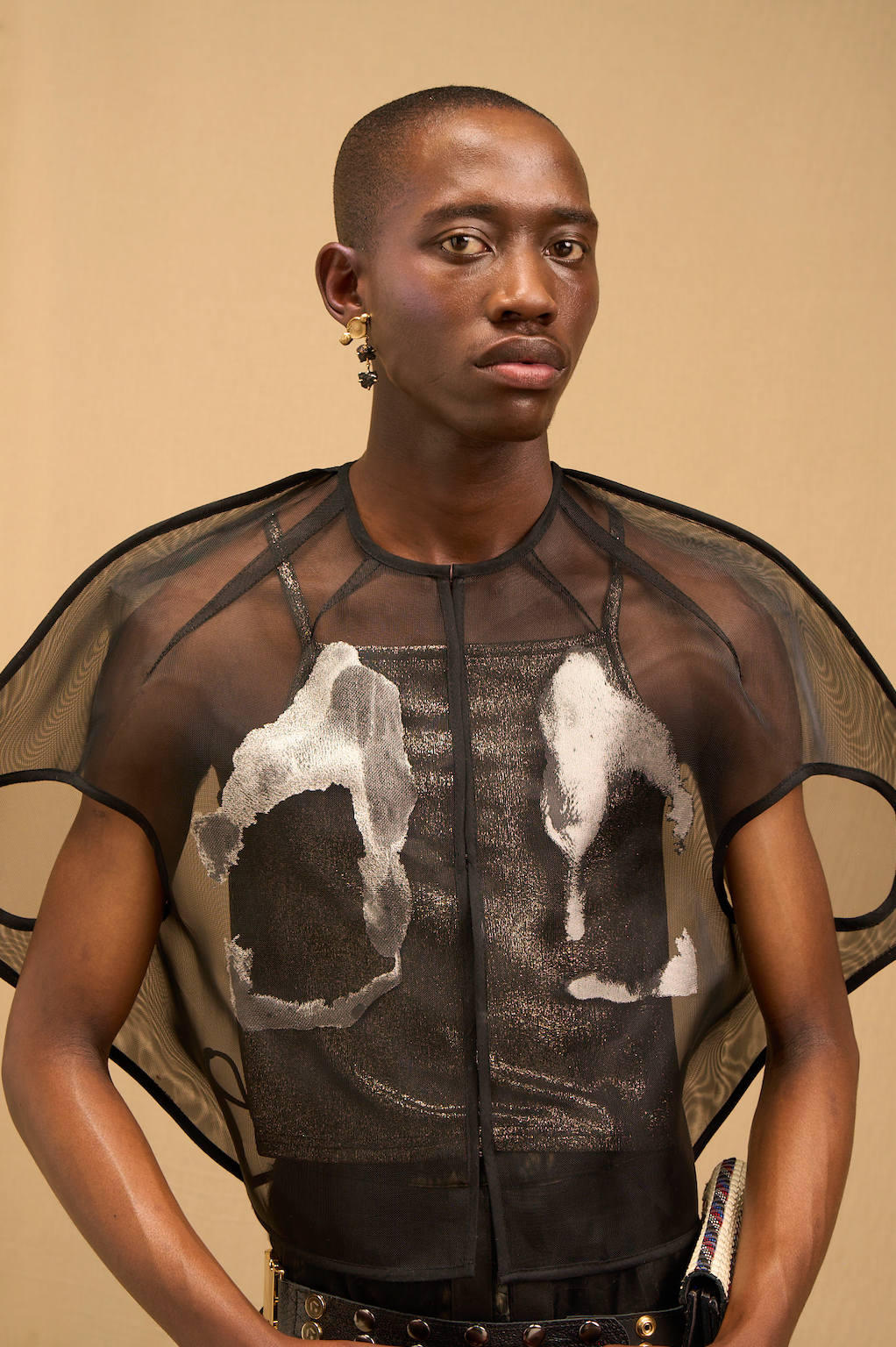 Screen Printed Nylon Black Zibbon Cropped Cocoon Shirt