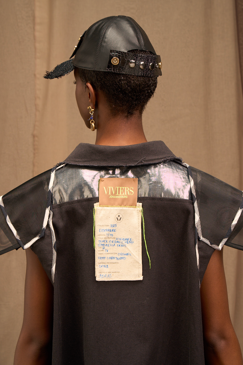 Reversible Black Organic Hemp Tailored Umbrella Dress with Synthetic Silver Foil Collar