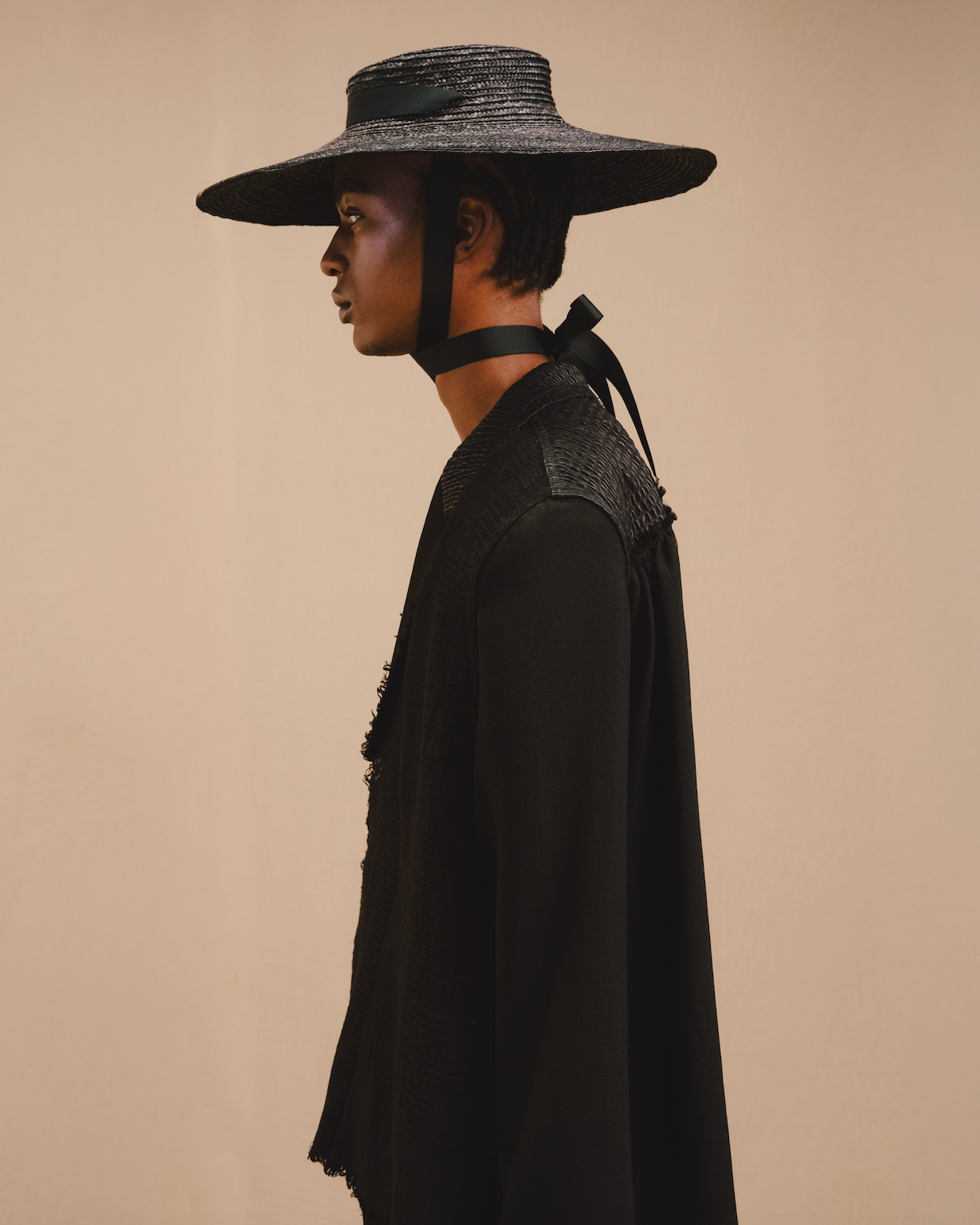 Jacquard Woven Black Bogolan Mud Cloth Oversized Shirt Blazer with Couture Black Wool Silk and Black Crepe Leather Details