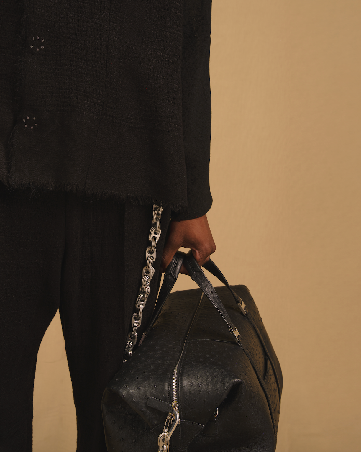 Jacquard Woven Black Bogolan Mud Cloth Oversized Shirt Blazer with Couture Black Wool Silk and Black Crepe Leather Details