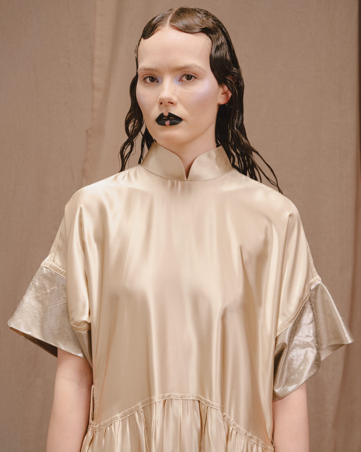 Reclaimed Champagne Acetate Satin Signature Qipoa Maxi Dress