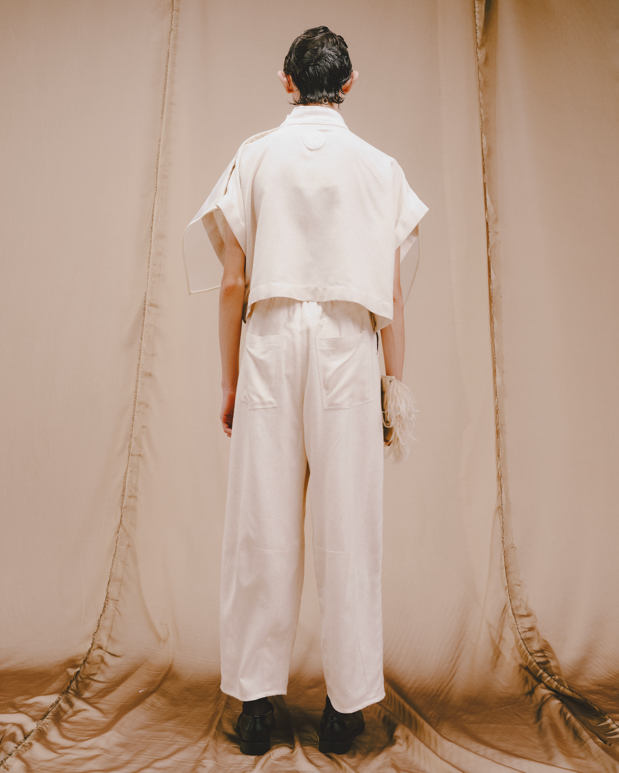 Screen-printed Light Weight Ecru Reclaimed Raw Rough Silk Popper T-Shirt with Zibbon Panel