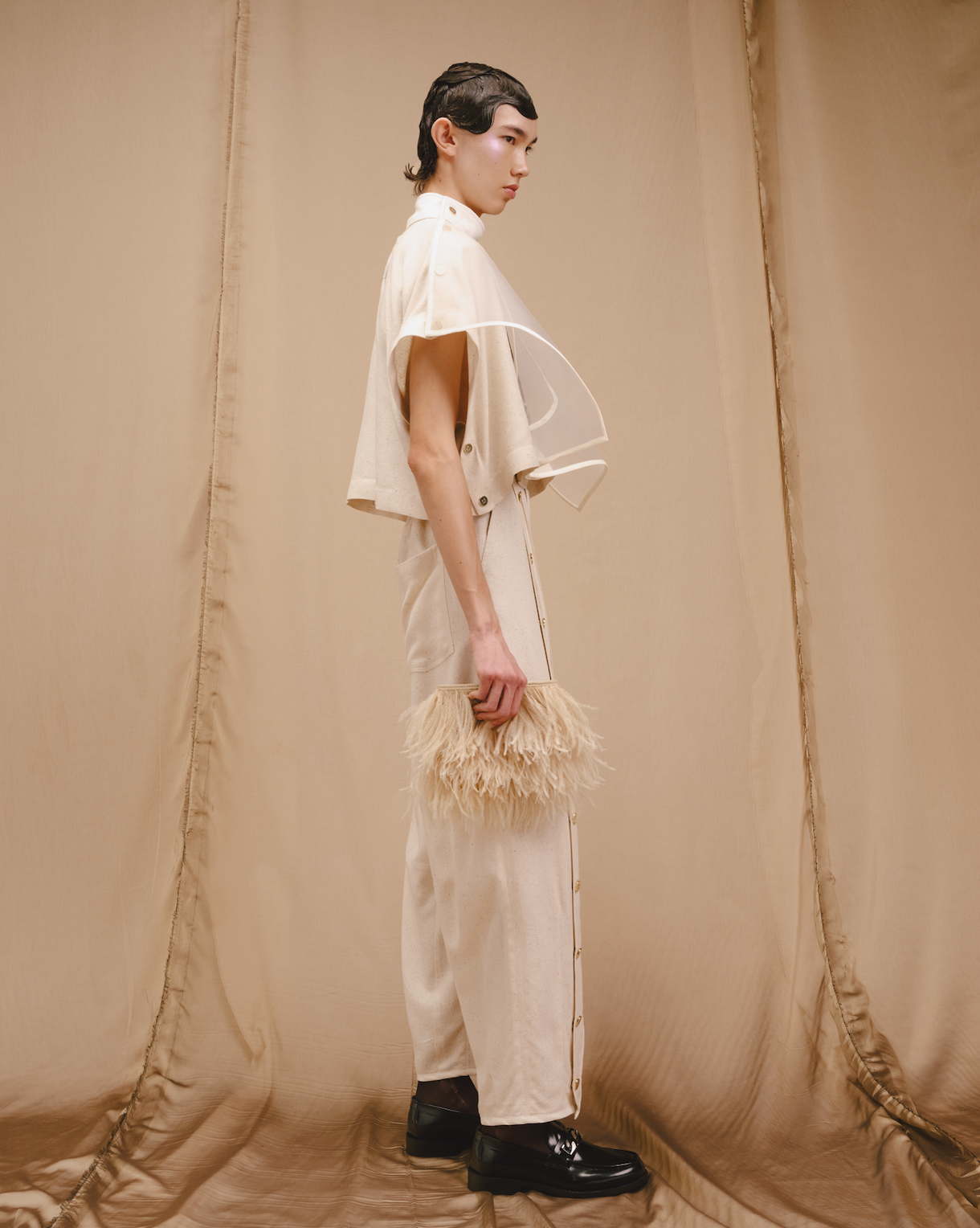 Light Weight Ecru Reclaimed Raw Rough Silk Popper Pants