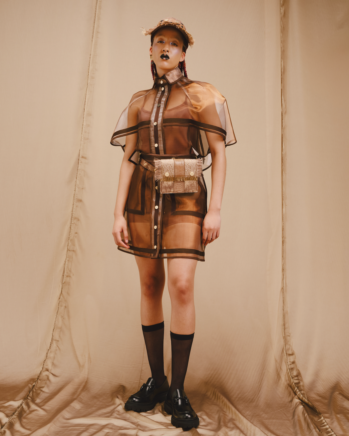 Two Tones Copper & Silver 100% Nylon Zibbon Cropped Cocoon Shirt