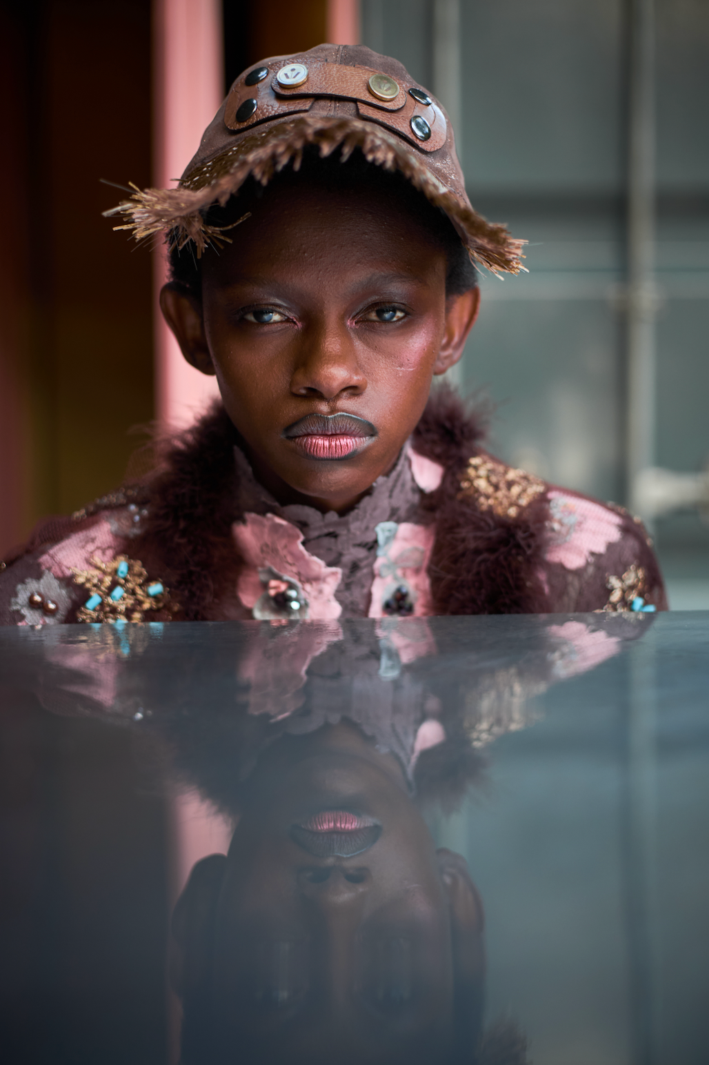 Brown Shimmer Leather and Raffia Cap with Ostrich Shin Tabs