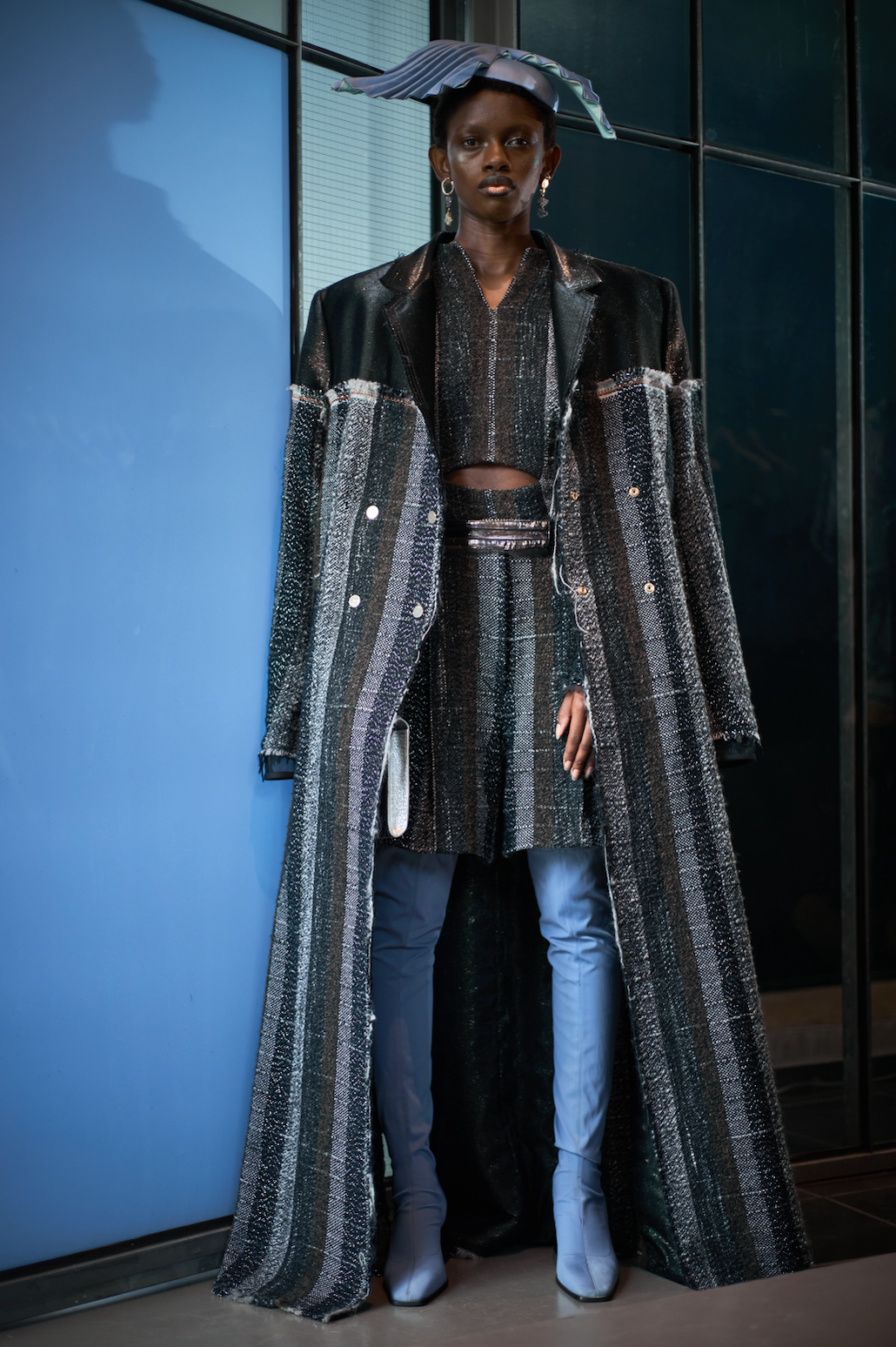 Cape Tweed Loomed Stripe and Reclaimed Couture Silk Lamé Double Breasted Jacket Long