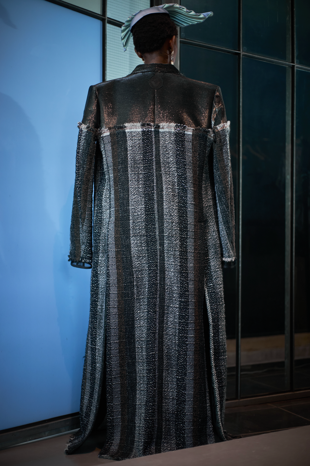 Cape Tweed Loomed Stripe and Reclaimed Couture Silk Lamé Double Breasted Jacket Long