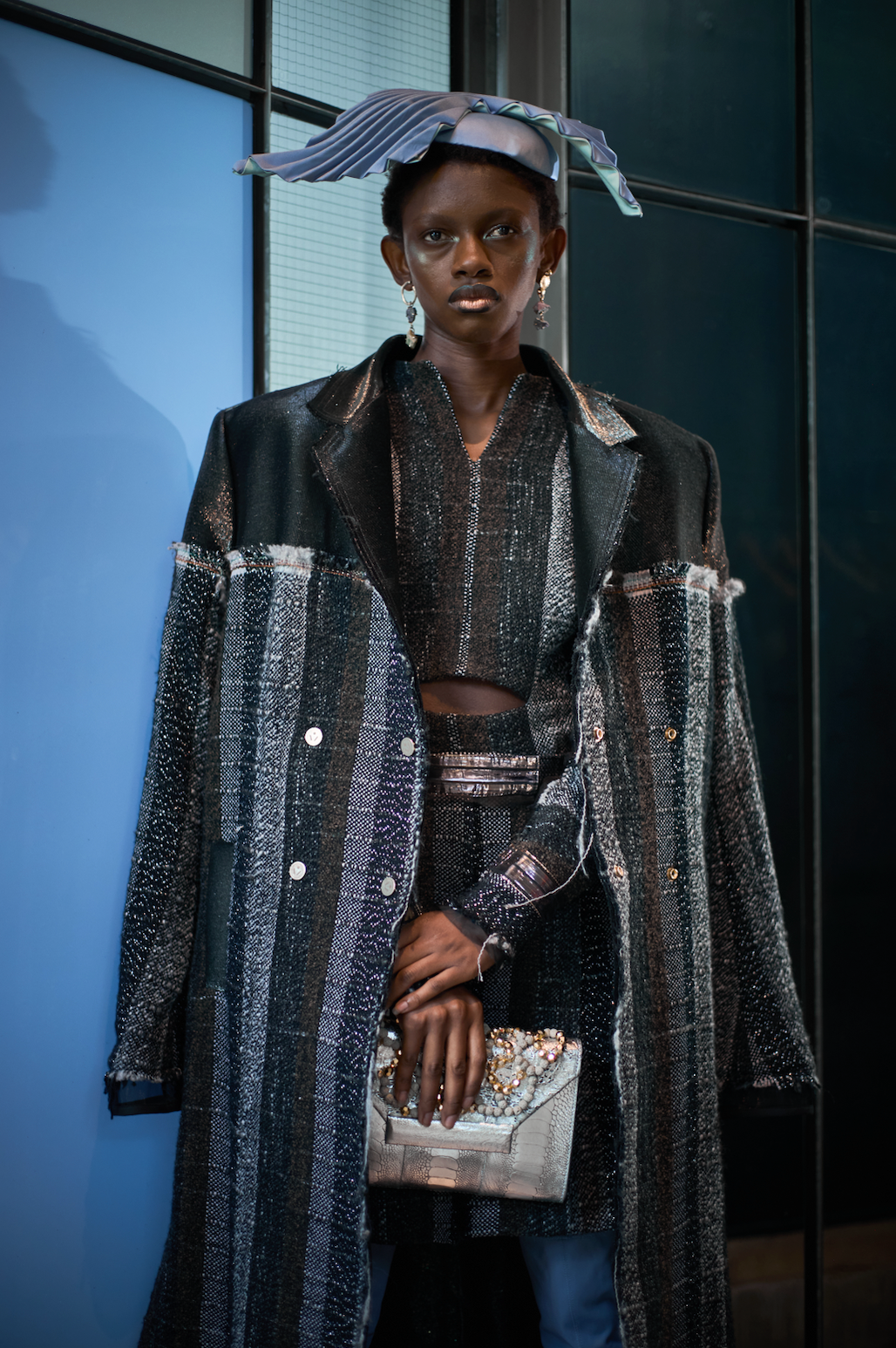 Cape Tweed Loomed Stripe and Reclaimed Couture Silk Lamé Double Breasted Jacket Long