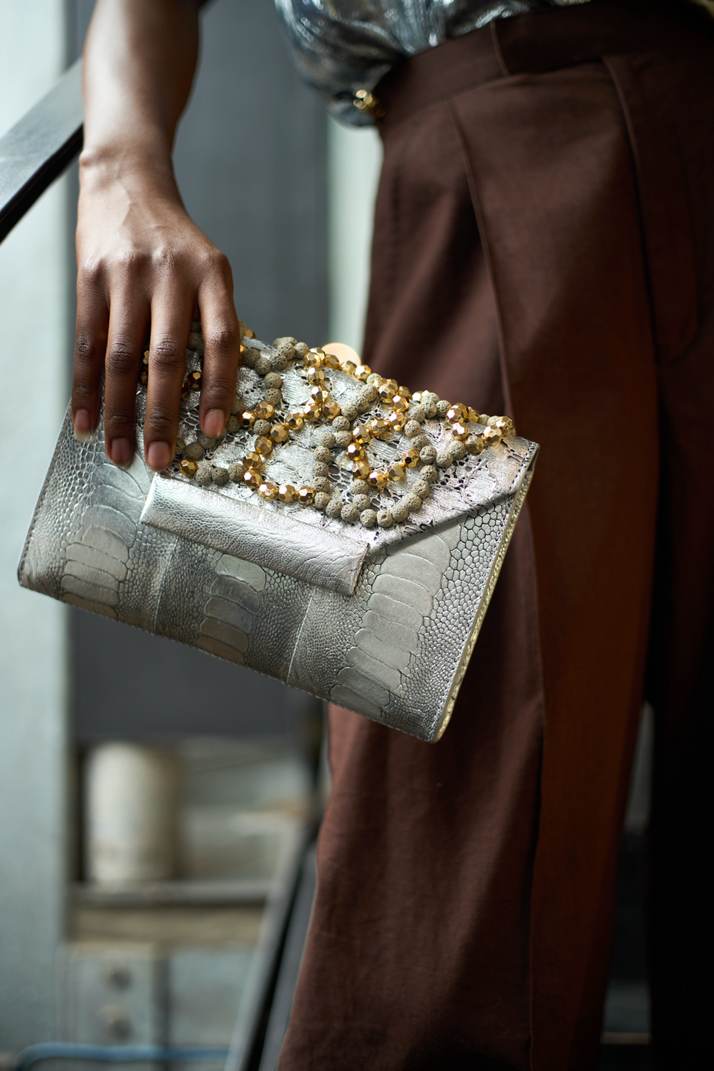 Harlow in Silver Ostrich Leg with Lace and Beading Clutch