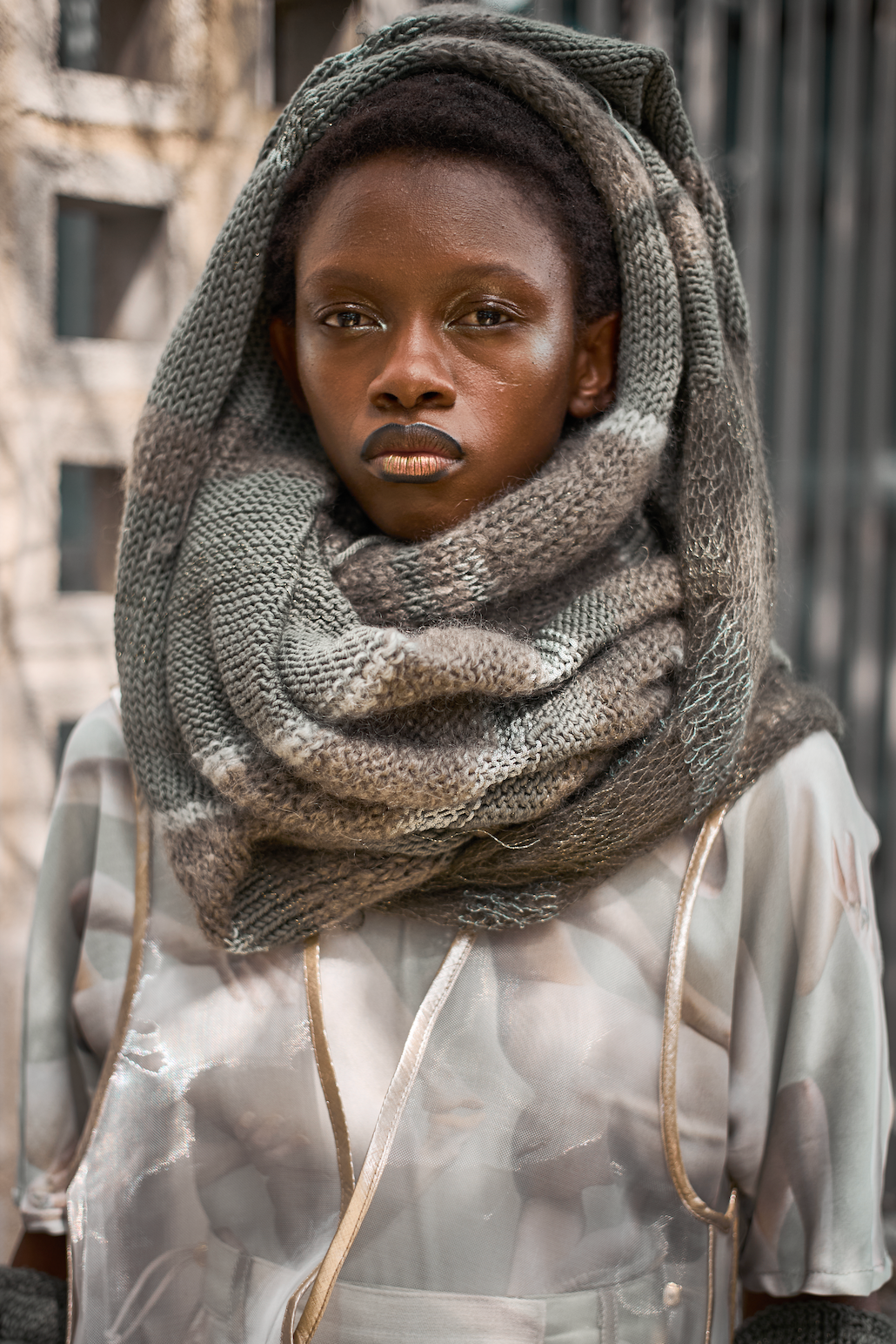 Artisanal Green Knitted Shawl in Silk, Mohair and Wool