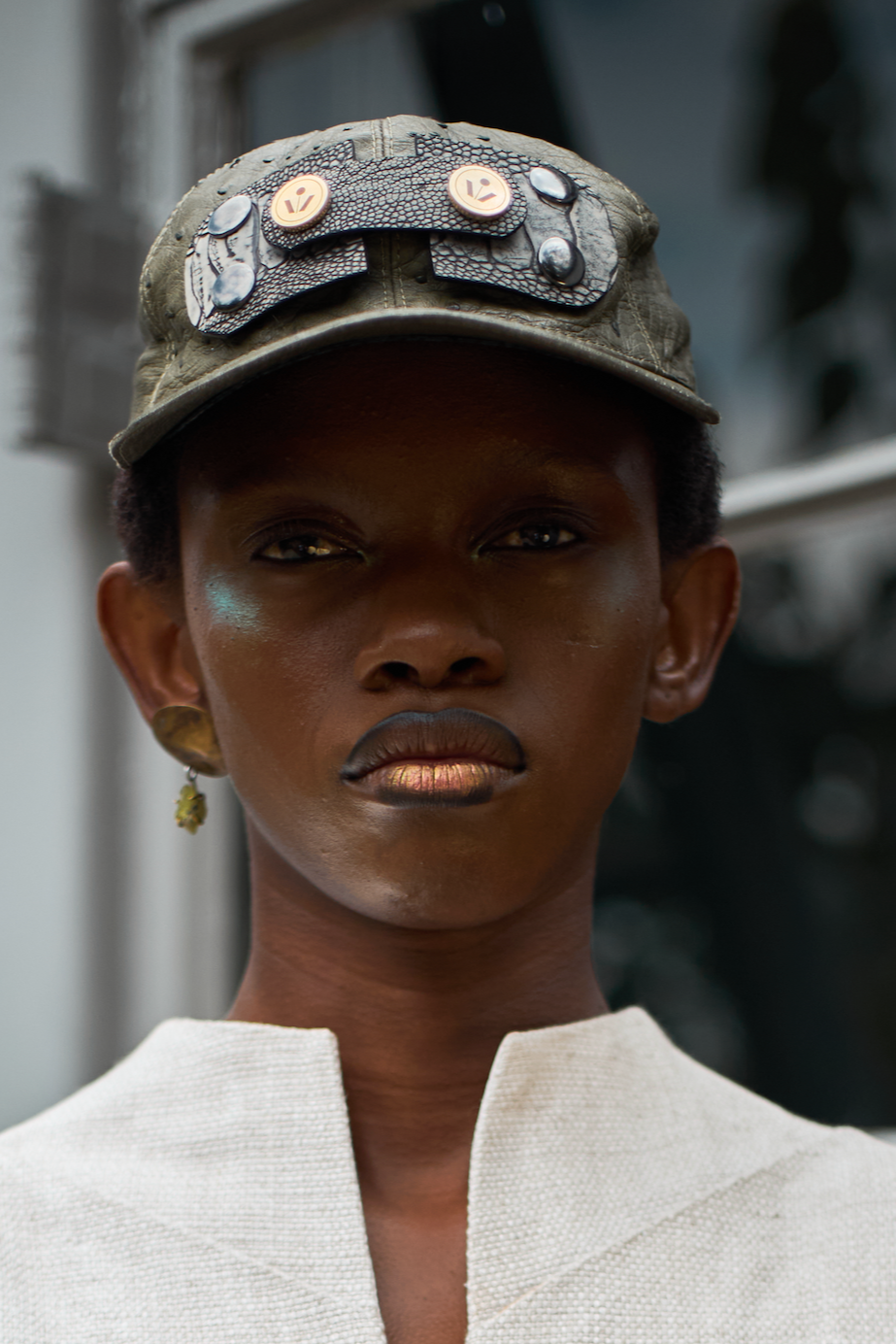 Moldavite Green Ostrich Leather Cap with Ostrich Shin Tabs