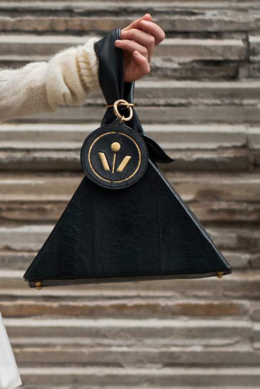 Black Ostrich Leather Pyramid Bag