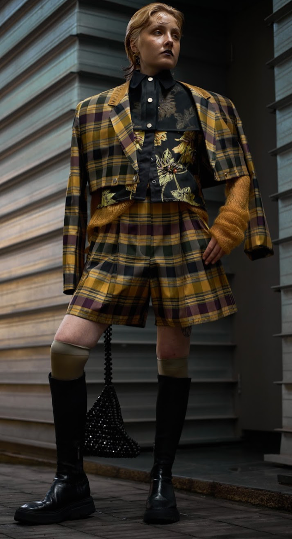 Interlocked Check Cropped Double Breasted Shirt in Silk Taffeta