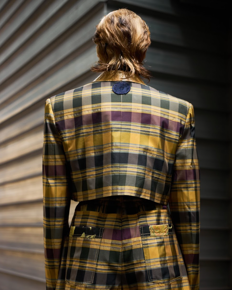 Interlocked Check Cropped Double Breasted Shirt in Silk Taffeta