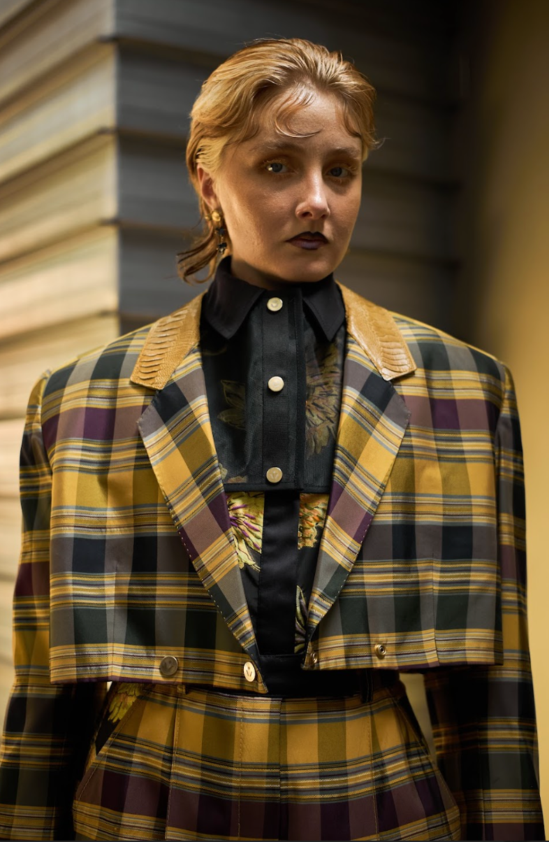 Interlocked Check Cropped Double Breasted Shirt in Silk Taffeta