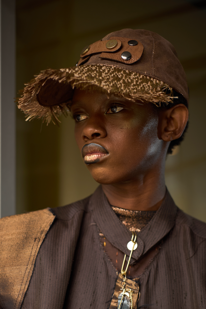 Brown Shimmer Leather and Raffia Cap with Ostrich Shin Tabs