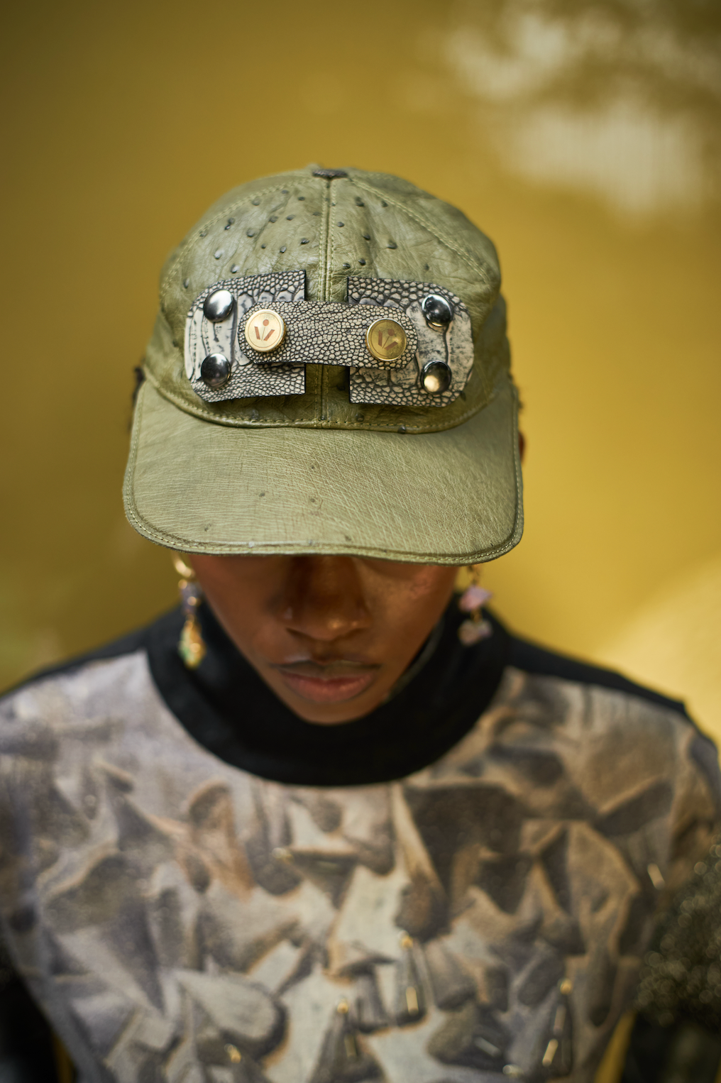 Moldavite Green Ostrich Leather Cap with Ostrich Shin Tabs