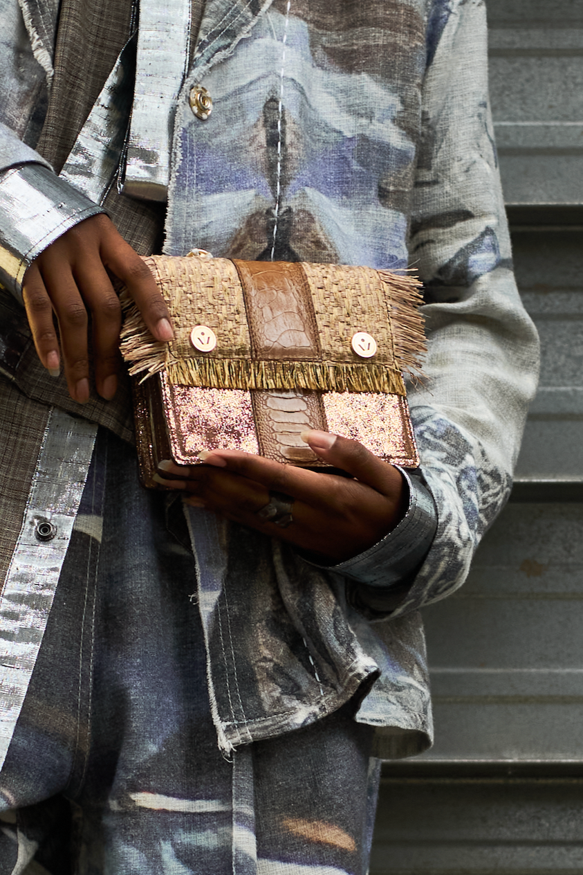 Brown Shimmer Leather and Raffia Belt Bag with Ostrich Shin Tabs
