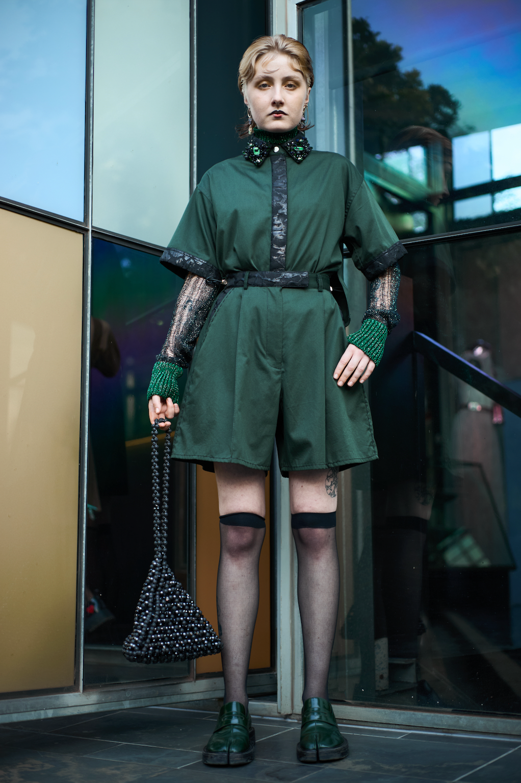 Emerald Gemstone Beaded Cropped Shirt in Egyptian Cotton