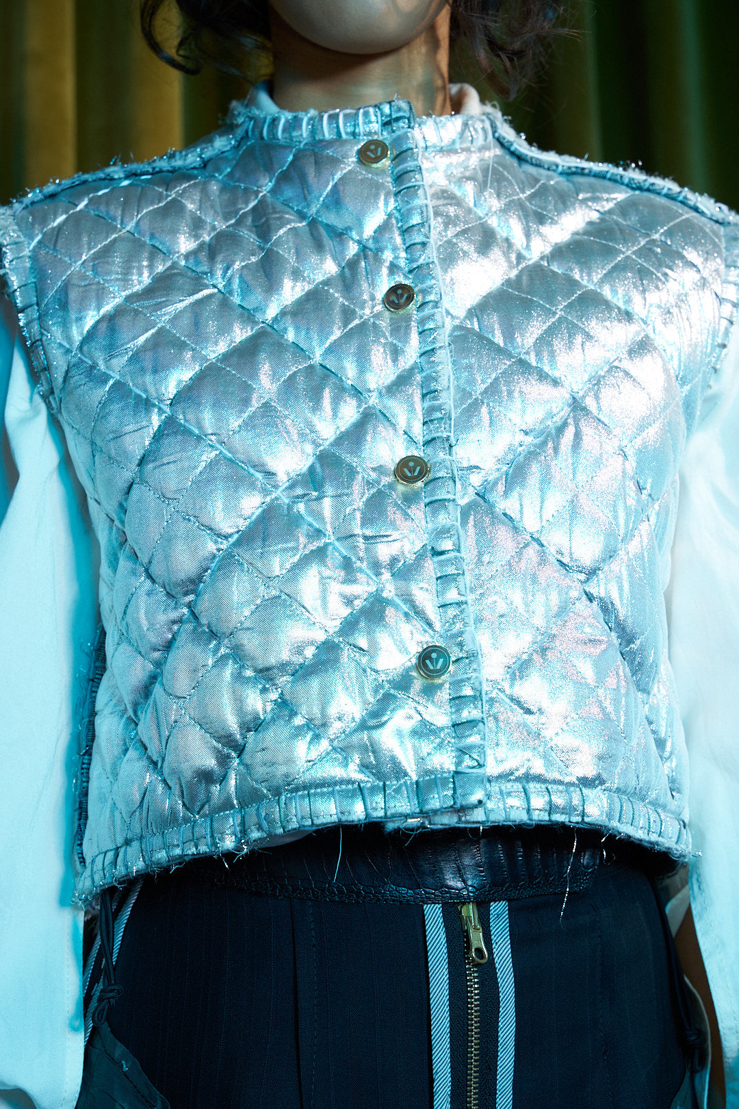 Round Neck Reversible Sashiko Blanket Stitched Cropped Gilet with 100% South African Wool Inner