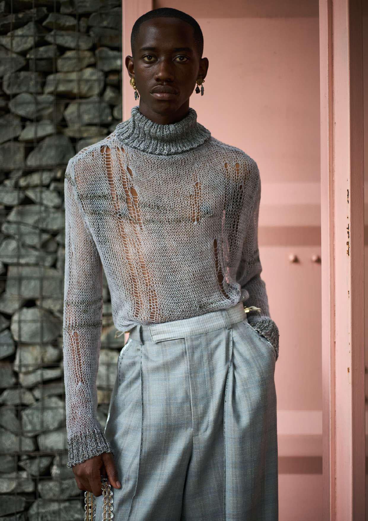 Artisanal 100% South African Merino Wool Silver Ladder Knitted Poloneck Top